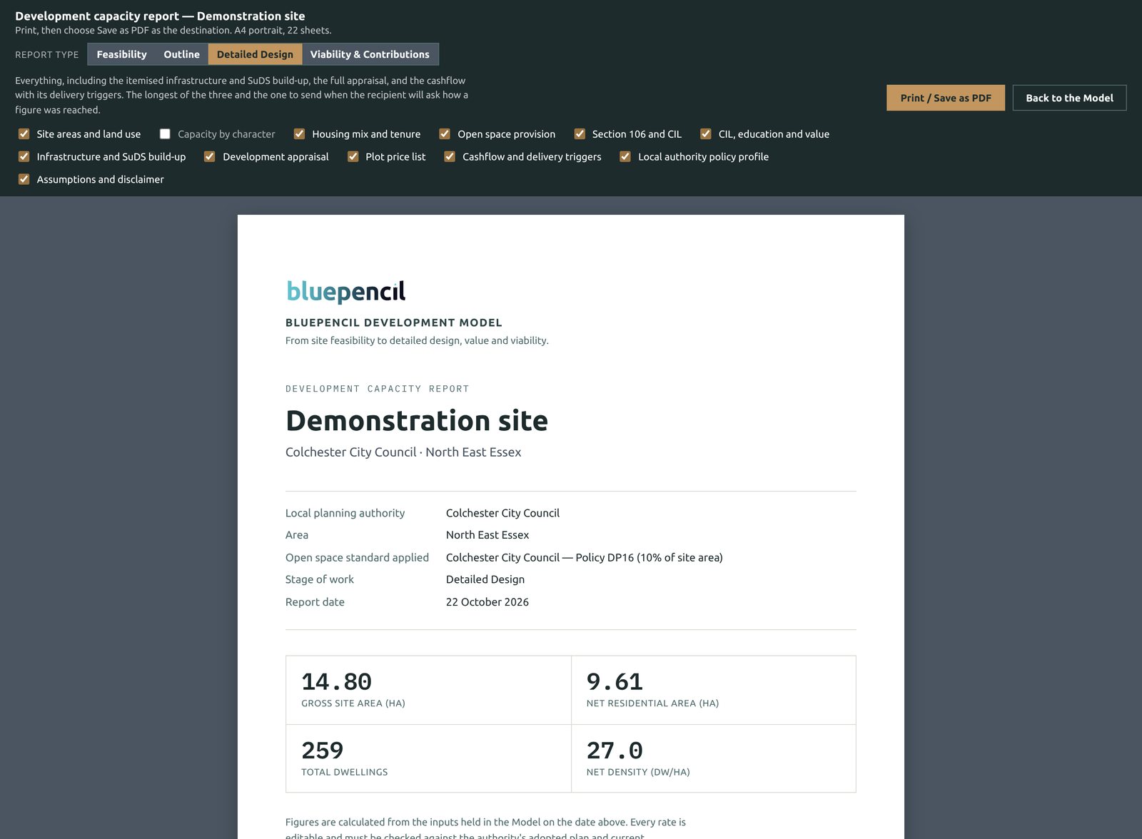The report screen with a choice of Feasibility, Outline, Detailed Design or Viability and Contributions report, section tick boxes, and the cover page of the Detailed Design report for the demonstration site
