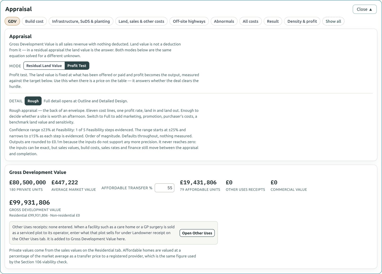 The Appraisal section with buttons for GDV, Build cost, Infrastructure, Land and sales costs, Result and Density and profit, showing a gross development value of 99.9 million pounds