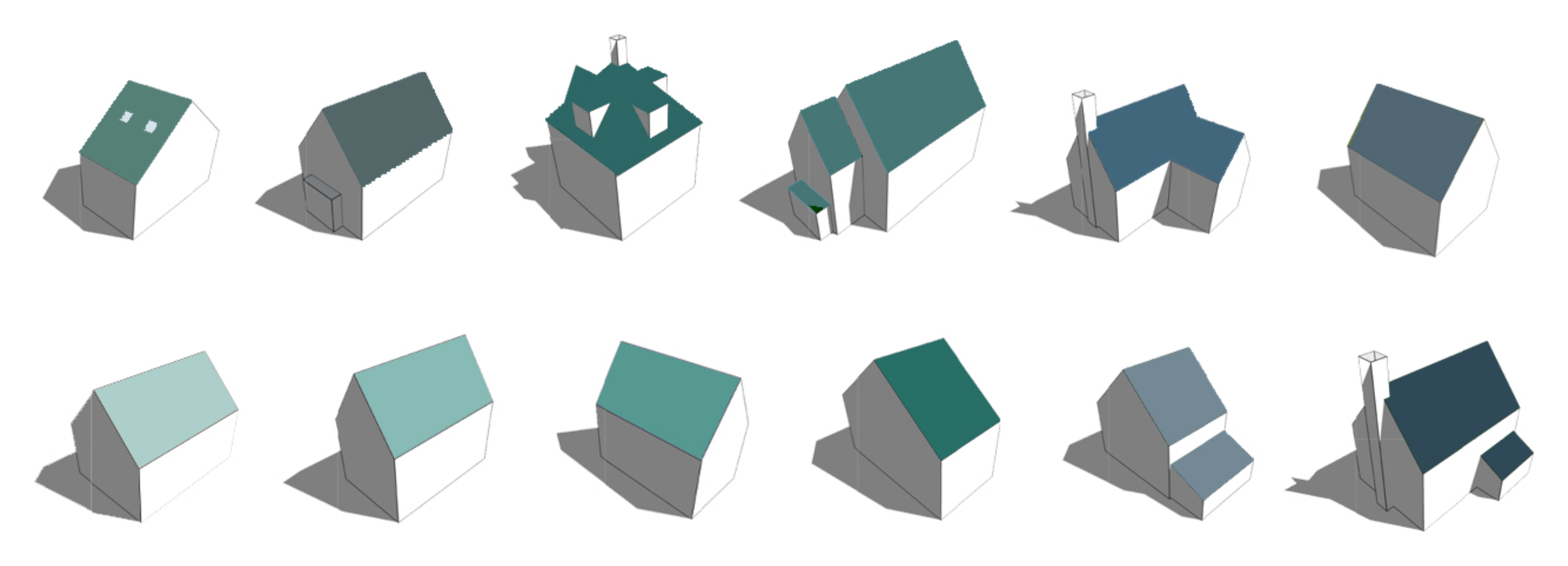 Twelve default house types shown as 3D models, from apartments and terraces to bungalows and large detached homes